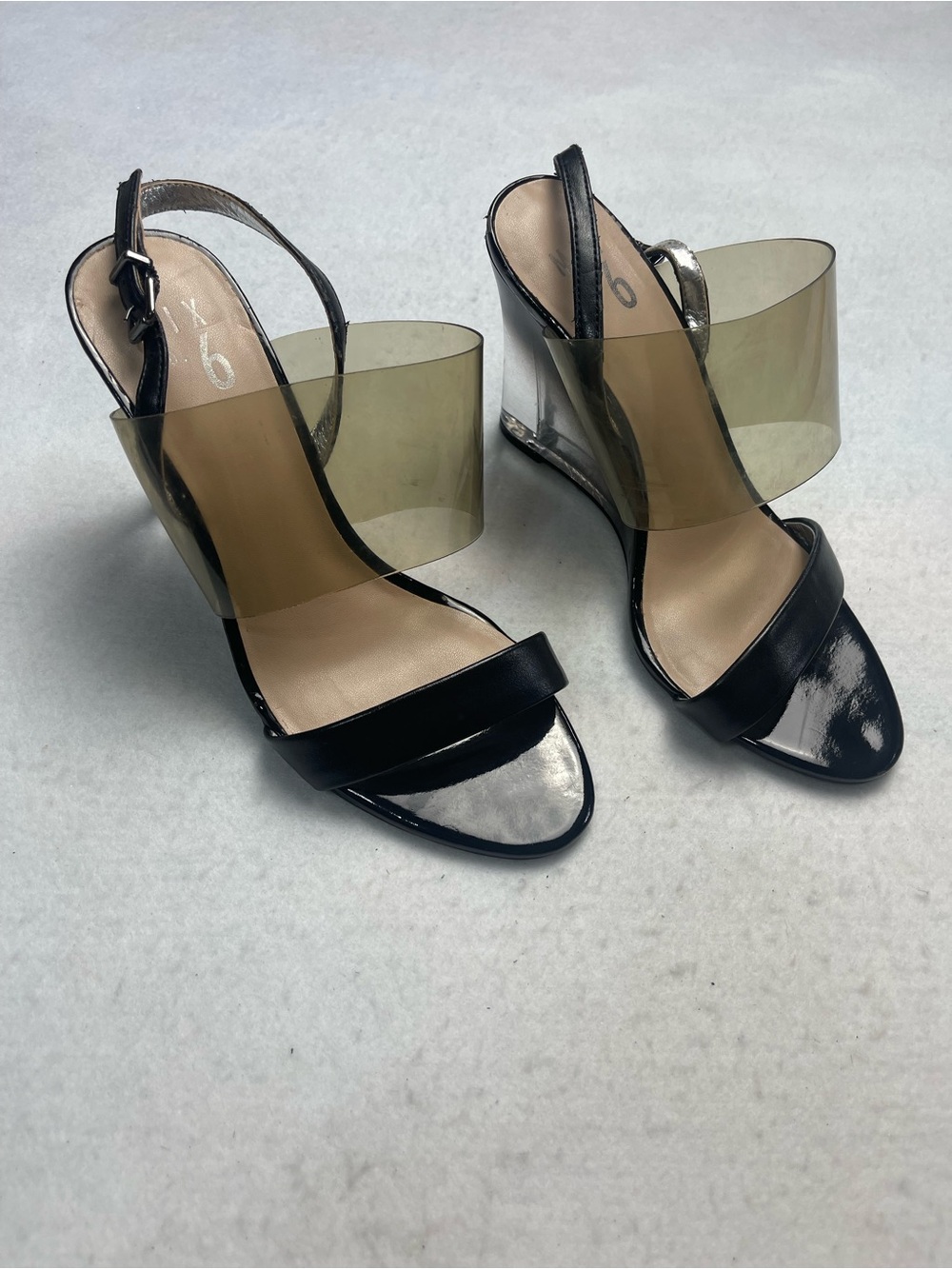 Mix No. 6 Black Patent and Smoky PVC Clear Wedge Sandals